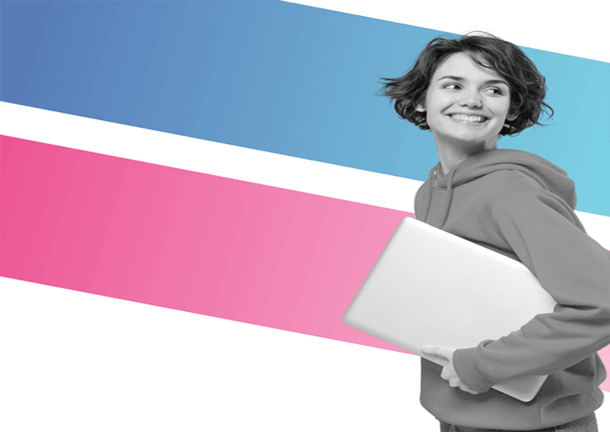 Woman holding laptop smiling