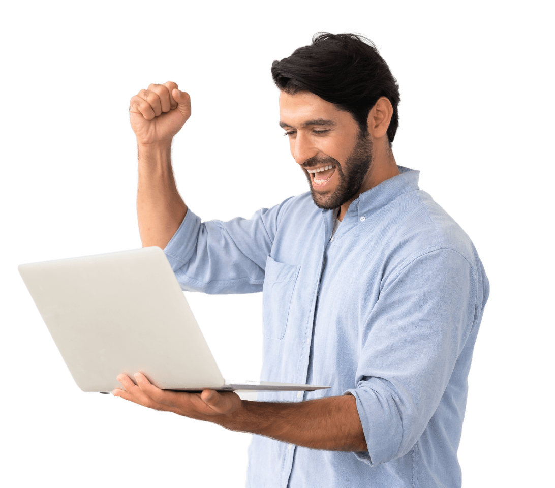 man holding laptop celebrating